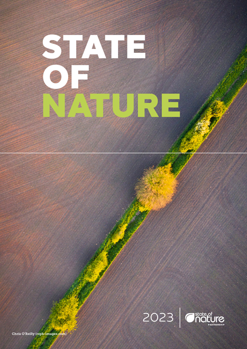 The State of Nature 2023 report cover, showing an aerial view of arable farmland and an isolated hedgerow, by Chris O'Reilly / RSPB