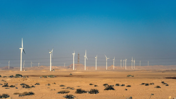 Power lines extending from a wind farm in the Egyptian desert. octofocus / stock.adobe.com