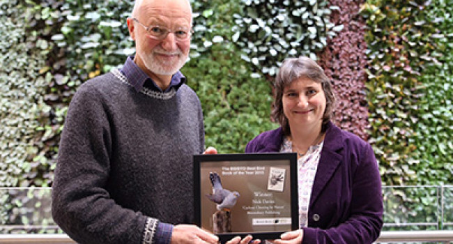 BB / BTO Bird book of the year winner, Nick Davis with the BTO's Dawn Balmer